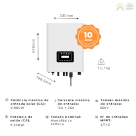 Segunda imagem do produto Inversor Solar 7,5kW Monofásico 220V 2MPPT Deye - SUN-7,5K-G