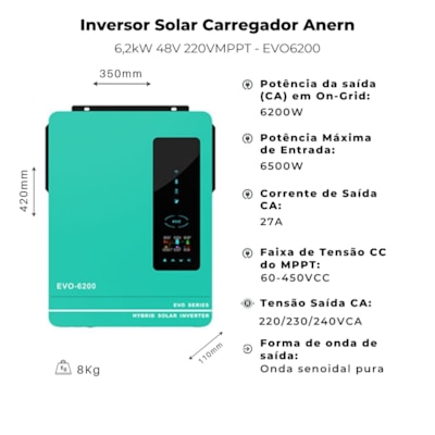Segunda imagem do produto Inversor Solar Carregador 6,2kW 48V 220VMPPT Anern - EVO6200