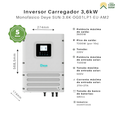 Segunda imagem do produto Inversor Solar Carregador Off-Grid 3,6kW 48V 220V Wifi Deye SUN-3.6K