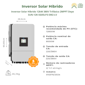 Segunda imagem do produto Inversor Solar Híbrido 12kW 380V Trifásico 2MPPT Deye SUN-12K-SG05LP3-SM2-LV