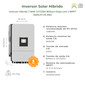 Segunda imagem do produto Inversor Solar Híbrido 7,5kW 127/220V Bifásico 2MPPT Deye SUN-7.5K-SG05LP2-US-SM2