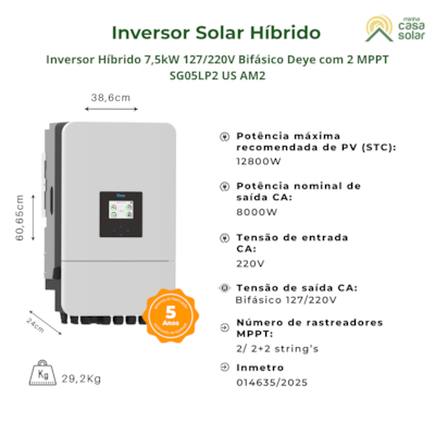 Segunda imagem do produto Inversor Solar Híbrido 7,5kW 127/220V Bifásico 2MPPT Deye SUN-7.5K-SG05LP2-US-SM2