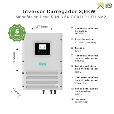 Segunda imagem do produto Inversor Solar Hibrido Off-Grid 3,6kW 48V 220V Wifi Deye SUN-3.6K