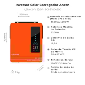 Segunda imagem do produto Inversor Solar Hibrido Off-Grid 4,2kw 24V 220V MPPT 80A Anern Evo4200