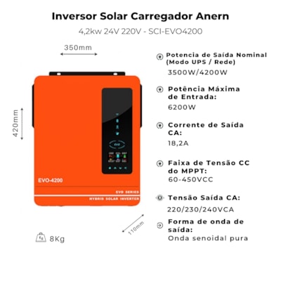 Segunda imagem do produto Inversor Solar Hibrido Off-Grid 4,2kw 24V 220V MPPT 80A Anern Evo4200