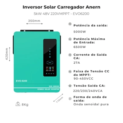Segunda imagem do produto Inversor Solar Hibrido Off-Grid 6,2kW 48V 220VMPPT Anern EVO6200