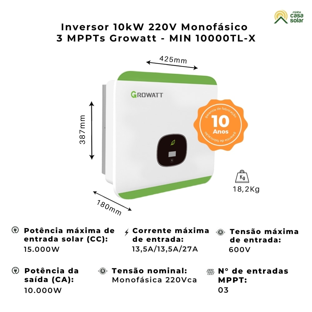 Inversor Solar Monofásico 10kW 220V 3 MPPT Growatt - MIN10000TL-X
