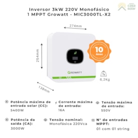 Segunda imagem do produto Inversor Solar Monofásico 3kW 220V Growatt - MIC3000TL-X2