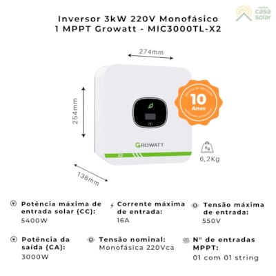 Segunda imagem do produto Inversor Solar Monofásico 3kW 220V Growatt - MIC3000TL-X2