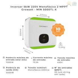 Segunda imagem do produto Inversor Solar Monofásico 5kW 220V 2 MPPT Growatt - MIN5000TL X