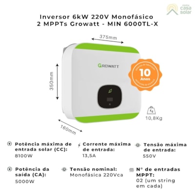 Inversor Solar Monofásico 6kW 220V 2MPPT Growatt - MIN6000TL-X2 AFCI