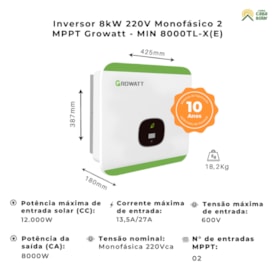Segunda imagem do produto Inversor Solar Monofásico 8kW 220V 2 MPPT Growatt - MIN8000TL X(E)
                                            
