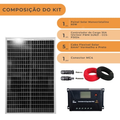 Segunda imagem do produto Kit 1 Painel Solar 60W Controlador PWM 30A MC4 Cabos