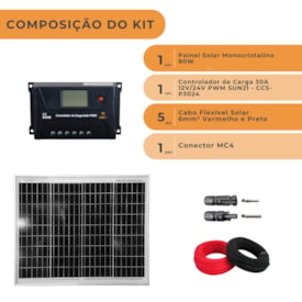 Segunda imagem do produto Kit 1 Painel Solar 80W Controlador PWM 30A MC4 Cabos