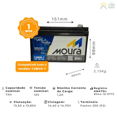 Segunda imagem do produto Kit 2 Baterias Estacionária VRLA 7Ah 12V Moura Nobreak - 12MVA-7