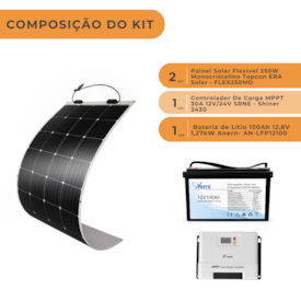 Segunda imagem do produto  KIT 2 PAINÉIS SOLARES 250W FLEXÍVEIS + CONTROLADOR DE CARGA MPPT 40A + BATERIA DE LÍTIO 12V 100AH