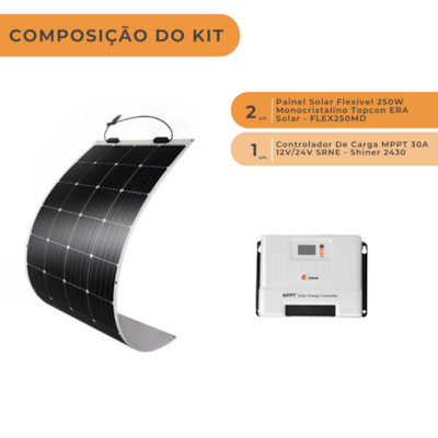 Segunda imagem do produto KIT 2 PAINÉIS SOLARES 250W FLEXÍVEIS E CONTROLADOR DE CARGA MPPT 40A