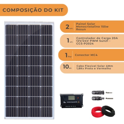 Segunda imagem do produto Kit 2 Painel Solar 155W com Controlador PWM 30A Cabos MC4