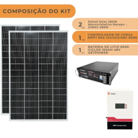 Segunda imagem do produto Kit 2 Painel Solar 280W com Controlador 60A e Bateria 48V