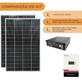 Segunda imagem do produto Kit 2 Painel Solar 280W com Controlador 60A e Bateria 48V