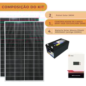 Segunda imagem do produto Kit 2 Painel Solar 280W Com Controlador MPPT 60A e Bateria Moura 234Ah 48V