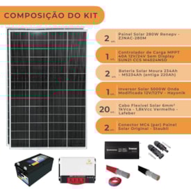 Segunda imagem do produto Kit 2 Painel Solar 280W Inversor Hayonik 127V Bateria Moura