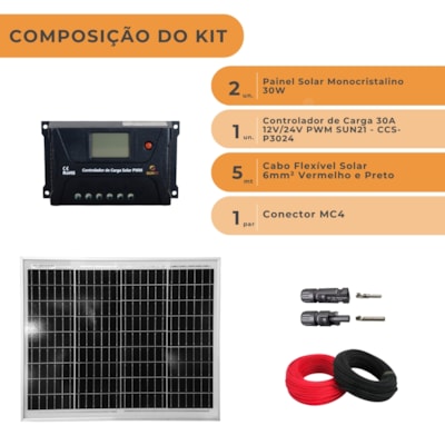 Segunda imagem do produto Kit 2 Placas 30W Para Caminhão 24V Controlador 30A MC4 Cabos