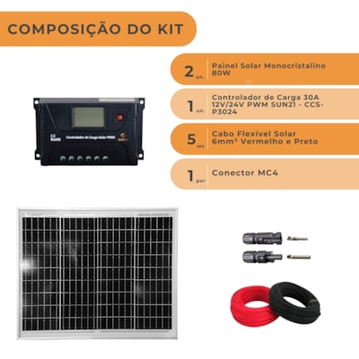 Segunda imagem do produto Kit 2 Placas 80W Para Caminhão 24V Controlador 30A MC4 Cabos