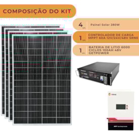 Segunda imagem do produto Kit 4 Painel Solar 280W com Controlador 60A e Bateria 48V