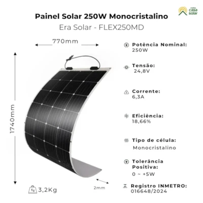 Segunda imagem do produto Kit 4 Placas Flexível 250W Monocristalino Topcon ERA Solar - FLEX250MD