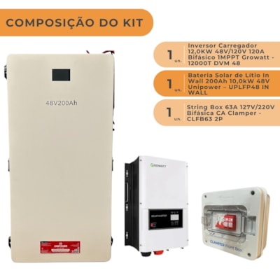 Segunda imagem do produto Kit Backup Growatt 48V/127V com Bateria Solar de Lítio 200Ah Unipower