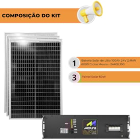 Segunda imagem do produto Kit Bateria de Lítio 100Ah 24V Moura com 3 Placas 60W
