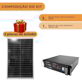 Segunda imagem do produto Kit Bateria de Lítio 100Ah 48V GetPower com 3 Placas 160W