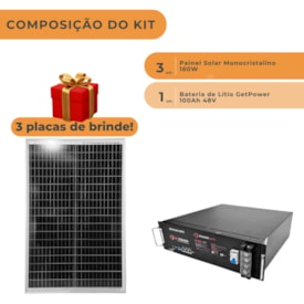 Segunda imagem do produto Kit Bateria de Lítio 100Ah 48V GetPower com 3 Placas 160W