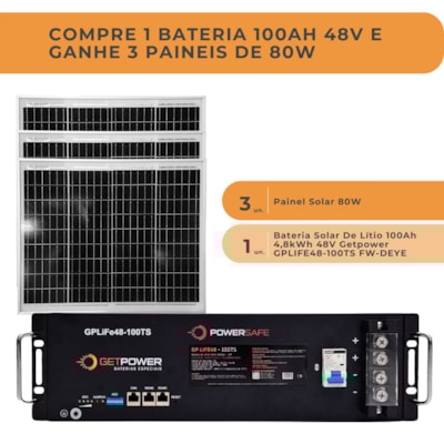 Segunda imagem do produto Kit Bateria de Lítio GetPower 100Ah 48V e 3 Painel Solar 80W