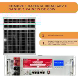 Segunda imagem do produto Kit Bateria de Lítio Unipower 100Ah 48V e 3 Painel Solar 80W