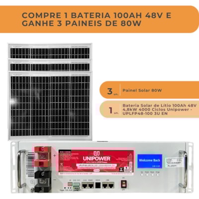 Segunda imagem do produto Kit Bateria de Lítio Unipower 100Ah 48V e 3 Painel Solar 80W
