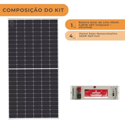 Segunda imagem do produto Kit Bateria de Lítio Unipower 100Ah 48V e 4 Painel Solar 555W