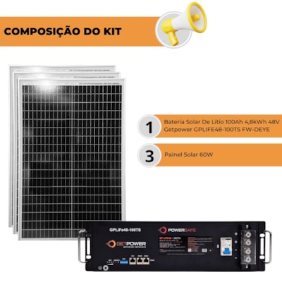 Segunda imagem do produto Kit Bateria Lítio 100Ah 48V Getpower 3 Painel Solar 60W - FWDeye