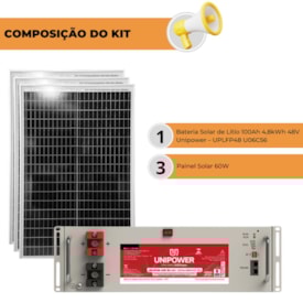 Segunda imagem do produto Kit Bateria Lítio 100Ah 48V Unipower U06C30 Com Painel 60W