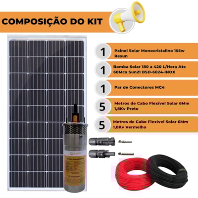 Segunda imagem do produto Kit Bomba Solar BSD-6024 Sun21 Painel 155w Resun Irrigação