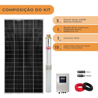 Segunda imagem do produto Kit Bomba Solar Ebara Até 5300l/h 83MCA 750W 96V