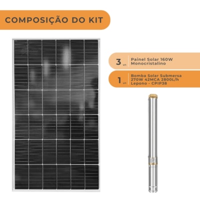 Segunda imagem do produto Kit Bomba Solar Lepono 270W 42MCA 2800L/h