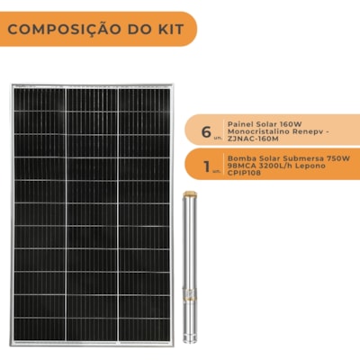 Segunda imagem do produto Kit Bomba Solar Lepono 750W 98MCA 3200L/h