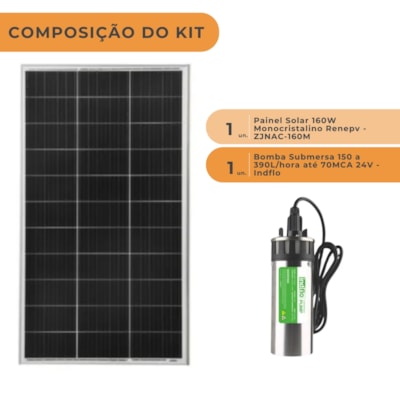 Segunda imagem do produto Kit Bomba Solar Submersa 160W Indflo 24V 70 metros
