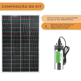 Segunda imagem do produto Kit Bomba Solar Submersa até 70MCA 390L/hora 24V Indflo