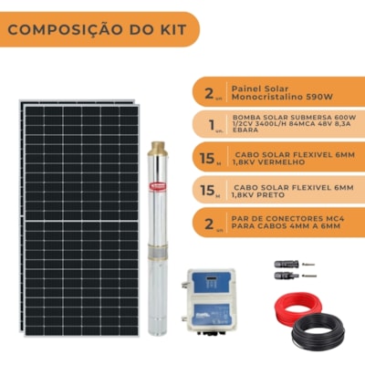Segunda imagem do produto Kit Bomba Solar Submersa Ebara Até 3400l/h 84MCA 600W 48V