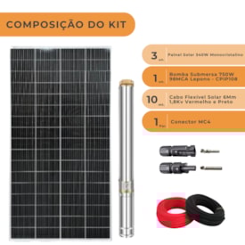 Segunda imagem do produto Kit Bombeamento Solar 340W para Cisternas 3200l/h Lepono 750W