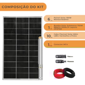 Segunda imagem do produto Kit Bombeamento Solar 750W 98MCA 3200L/h Lepono