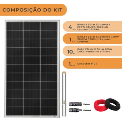 Segunda imagem do produto Kit Bombeamento Solar 750W 98MCA 3200L/h Lepono